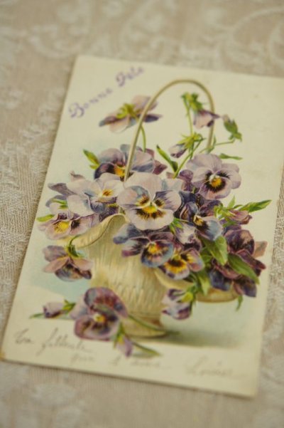 画像2: エンボス アンティークポストカード ／ 花かごに入ったパンジー（花）