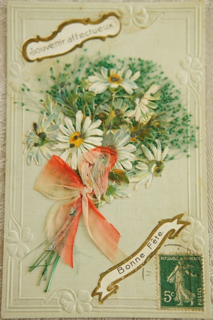 フランス アンティークポストカード エンボス＆押し花 ／ デイジーのブーケ（花） Maison Blanche